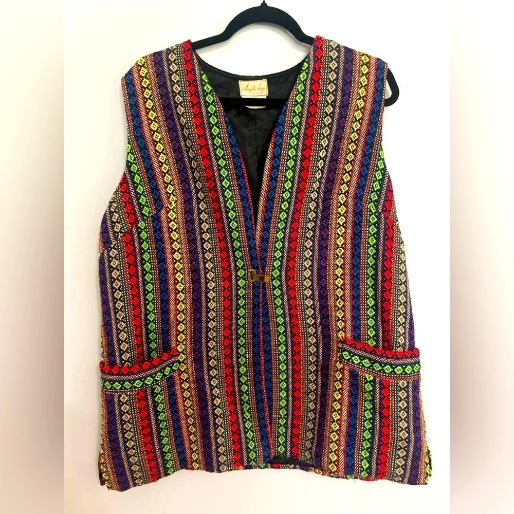 Vintage 1970s Ample Togs Mexican-Inspired Multicolored Boho Tunic Vest Rainbow